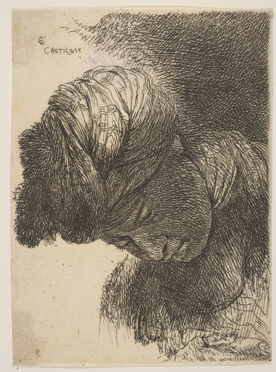 Młody mężczyzna z opuszczoną głową, w turbanie, przodem do lewej, z cyklu o..., ca. 1645-1650. autorstwa Giovanni Benedetto Castiglione