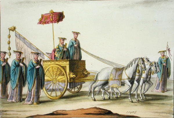 Cesarz antycznej dynastii w swoim powozie, tablica 13 z "Le Costume Ancien et Moderne" Jules Ferrario, wyd. ok. 1820-30 lat (litografia kolorowa) autorstwa Giovanni Bigatti