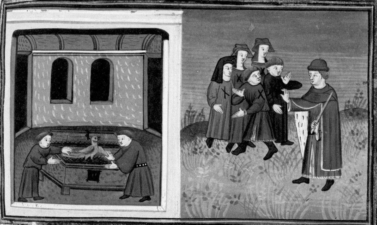 Decameron, Giovanni del Bragoniera i Biagio Pizzini kradną relikwię bratu Ciboule; zakonnik naznacza węglem ubrania wieśniaków. Dzień szósty, wiadomość nr 10 autorstwa Giovanni Boccaccio