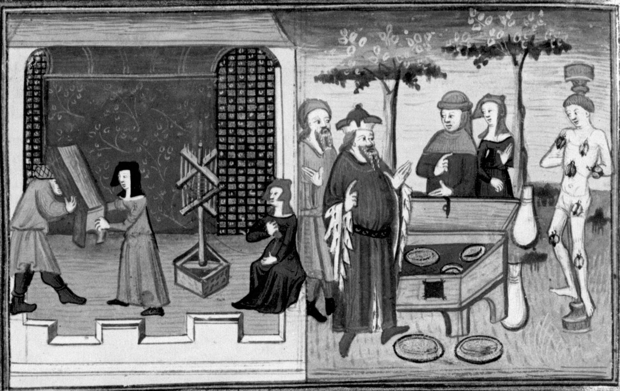 Dekameron, Ambrogiuolo zostaje przewieziony do domu Bernabò w skrzyni; Ambrogiuolo zostaje ukarany za swoje oszustwo. Drugi dzień, opowiadanie 9 autorstwa Giovanni Boccaccio