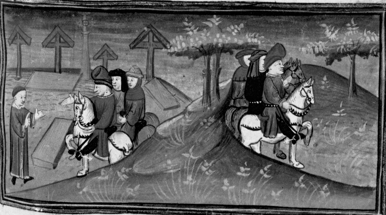 Dekameron, Betto Brunelleschi i jego brygada spotykają Guido Cavalcantiego; Betto wyjaśnia słowa Guido swoim przyjaciołom. Dzień szósty, wiadomość nr 9 autorstwa Giovanni Boccaccio