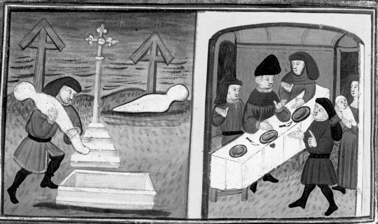 Dekameron, Gentile Carisendi ratuje Catalinę z grobu; mężczyzna przedstawia gościom kobietę i jej syna. Dziesiąty dzień, opowiadanie 4 autorstwa Giovanni Boccaccio
