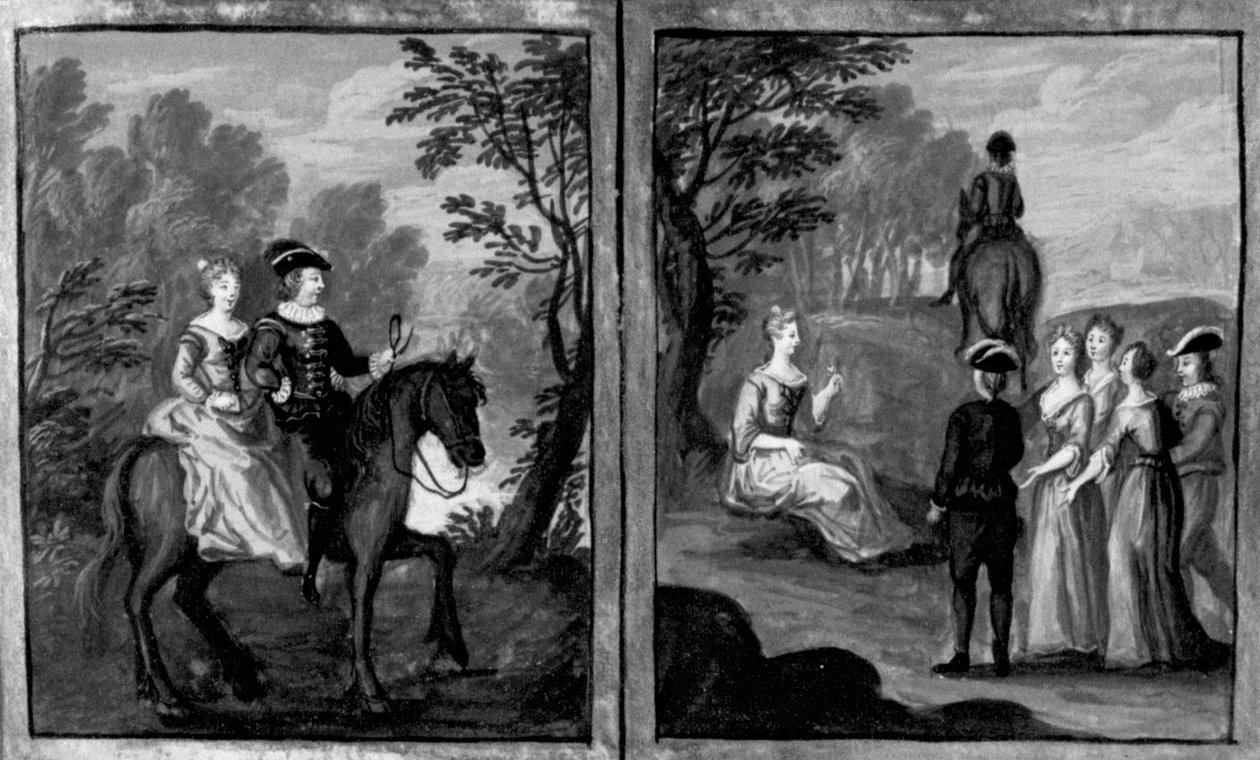 Dekameron, Madame Oretta zgadza się na przejażdżkę z jeźdźcem; Oretta zsiada. Szósty dzień, opowiadanie 1 autorstwa Giovanni Boccaccio