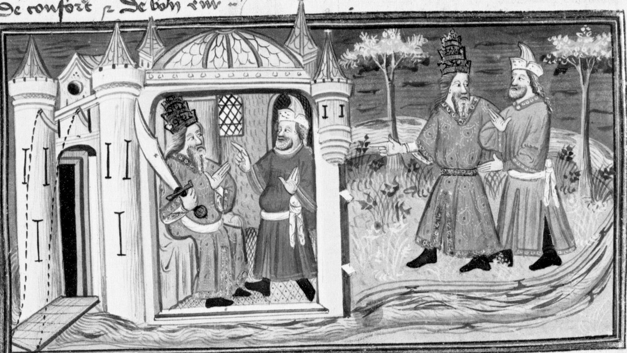 Dekameron, Melchizedek opowiada Saladynowi przypowieść o trzech pierścieniach; dwaj mężczyźni zostają przyjaciółmi. Pierwszy dzień, opowiadanie 3. autorstwa Giovanni Boccaccio