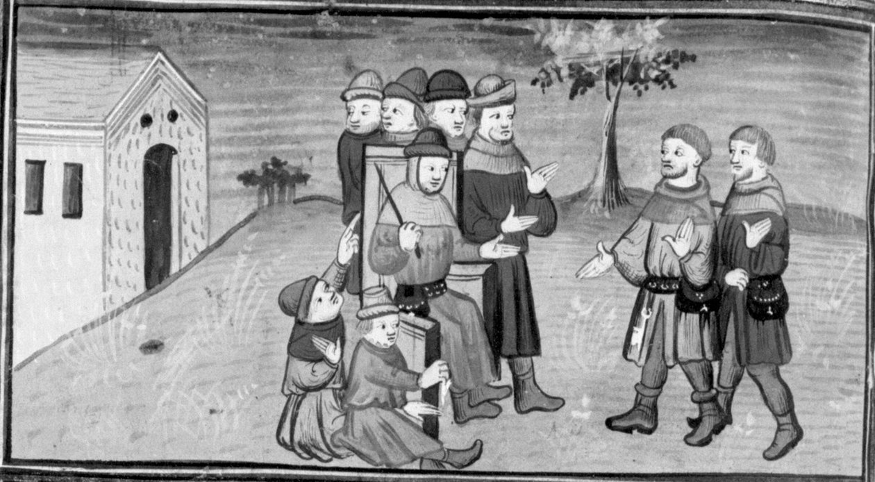 Decameron, Ribi i Maso del Saggio odwracają uwagę sędziego Nicoli, podczas gdy Matteuzzo ściąga spodnie. Dzień ósmy, wiadomość nr 5 autorstwa Giovanni Boccaccio