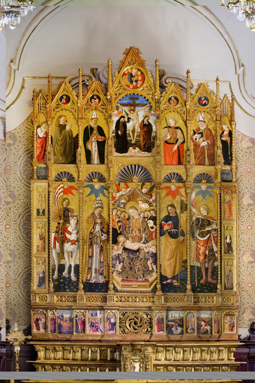 Poliptyk z Madonną z Dzieciątkiem na tronie pomiędzy świętym Eustachym, świętym Piotrem, świętym Jakubem Większym, świętym Wenancjuszem, Beato Guardato, świętym Mikołajem z Bari, ukrzyżowaniem Chrystusa, świętym Sebastianem i świętym Eleuteriuszem, histori autorstwa Giovanni Boccati or Boccatto