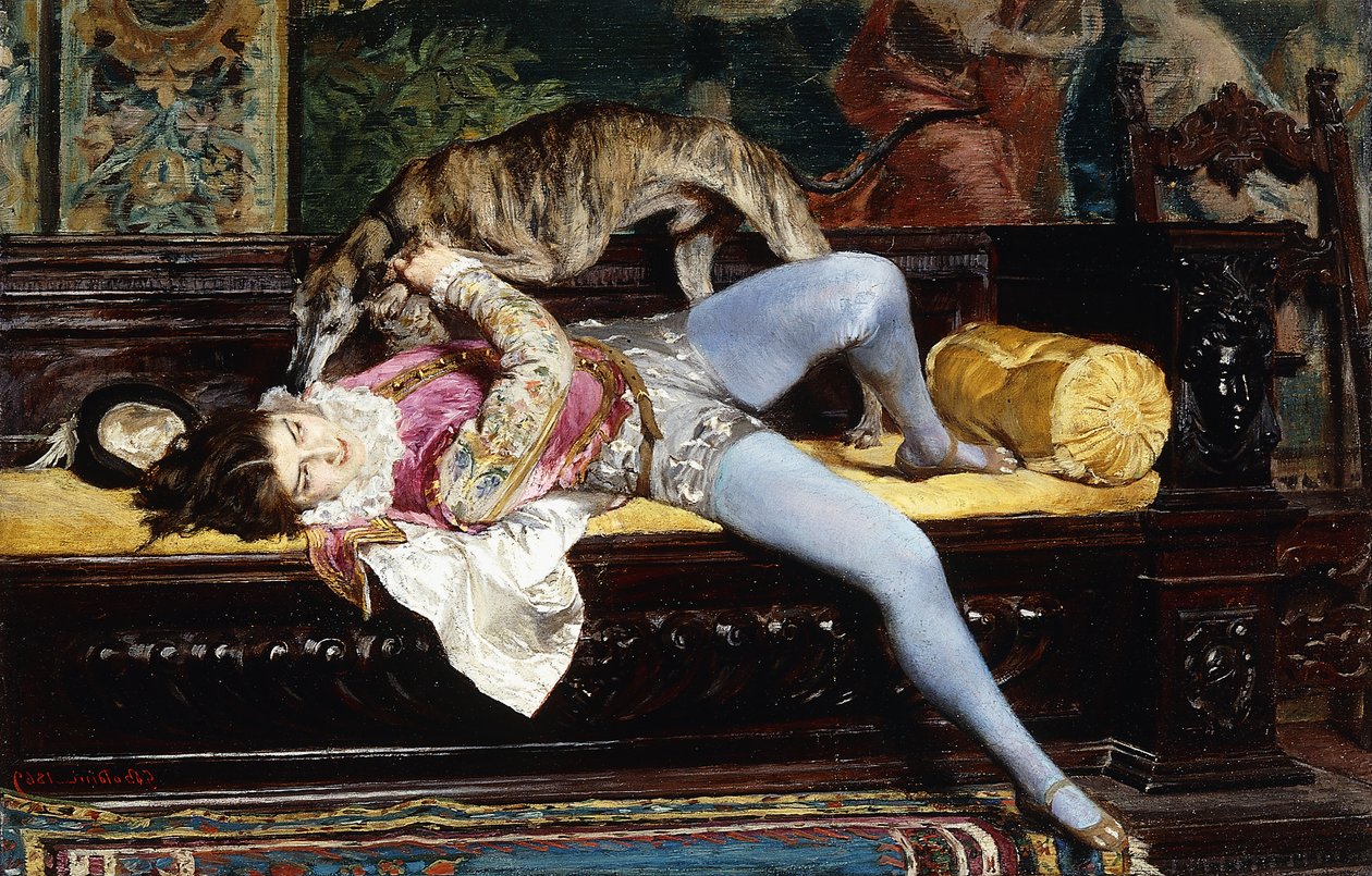 Młody paź, bawiący się z chartem; Młoda paź, bawiąca się chartem, 1869 autorstwa Giovanni Boldini