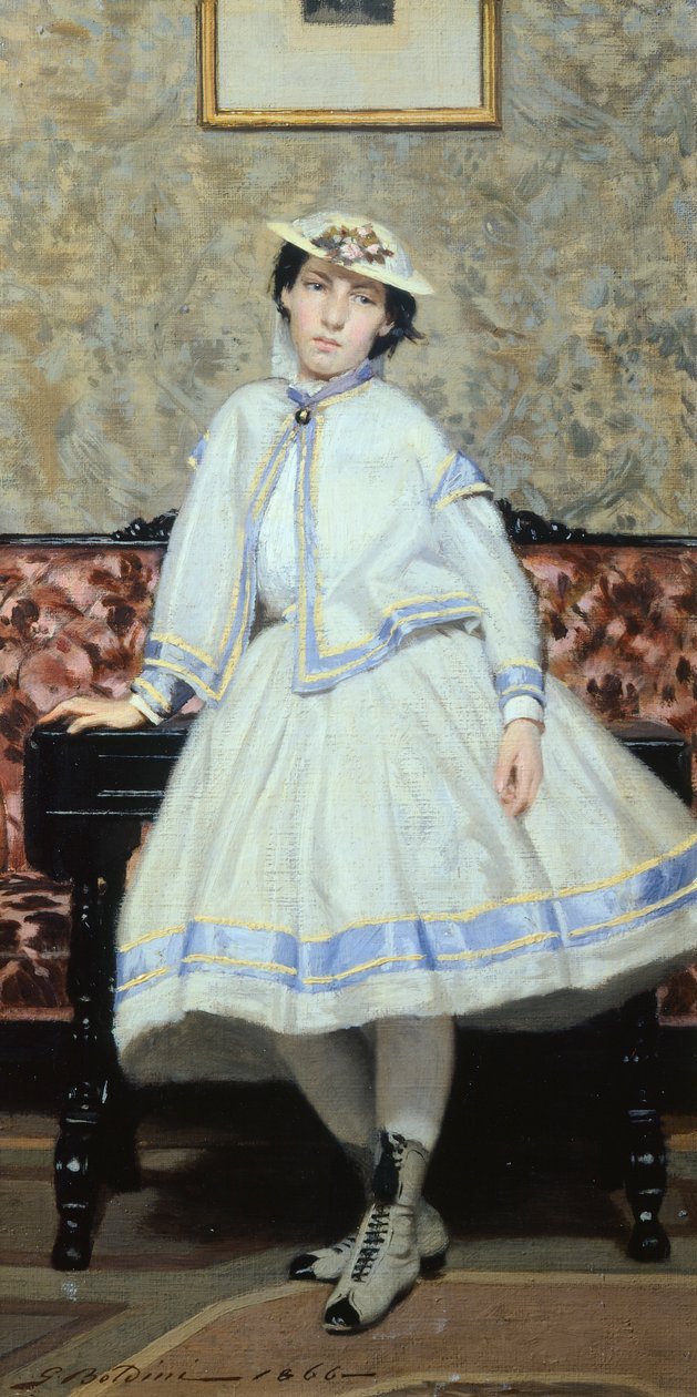 Alaide Banti w bieli, Giovanni Boldini (1842-1931), olej na płótnie, 42x23 cm autorstwa Giovanni Boldini
