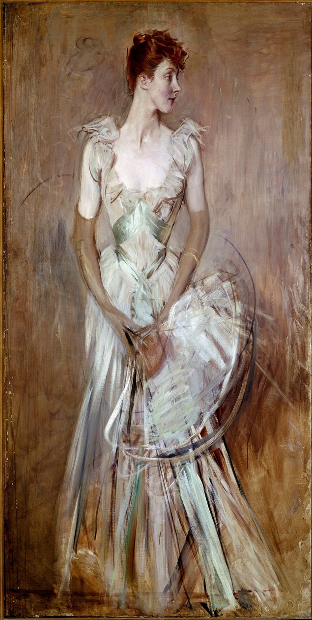 Piękny okres: „”Portret hrabiny Leusse z domu Berthier””” Kobieta w eleganckiej białej sukni wieczorowej. Obraz Giovanniego Boldiniego (1842-1931) Nd. 200x105 cm Pistoia, kolekcja Boldini autorstwa Giovanni Boldini