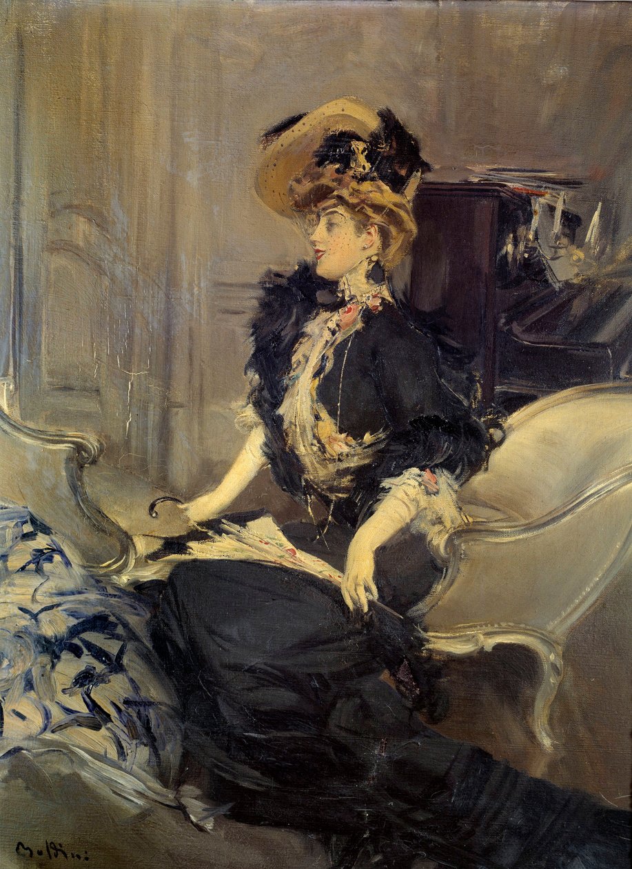 Belle Epoque: „” wizyta””” Elegancka młoda kobieta w sukni wieczorowej. Obraz Giovanniego Boldiniego autorstwa Giovanni Boldini
