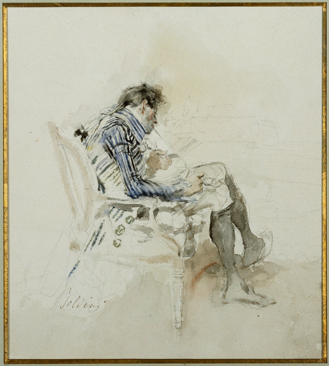 Pan siedzący w fotelu czytający książkę i palący fajkę autorstwa Giovanni Boldini