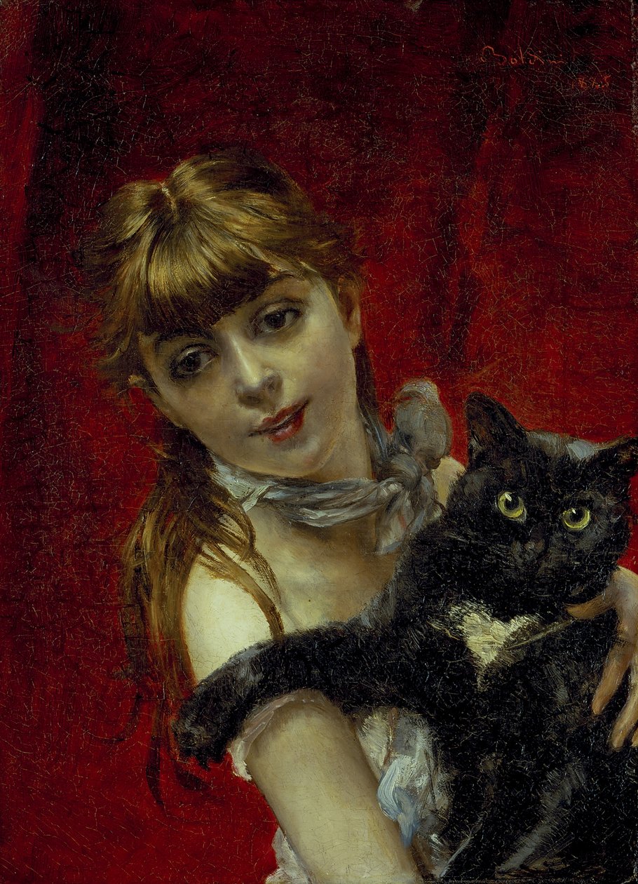 Dziewczyna z czarnym kotem, ok. 1885 (olej na płótnie) autorstwa Giovanni Boldini