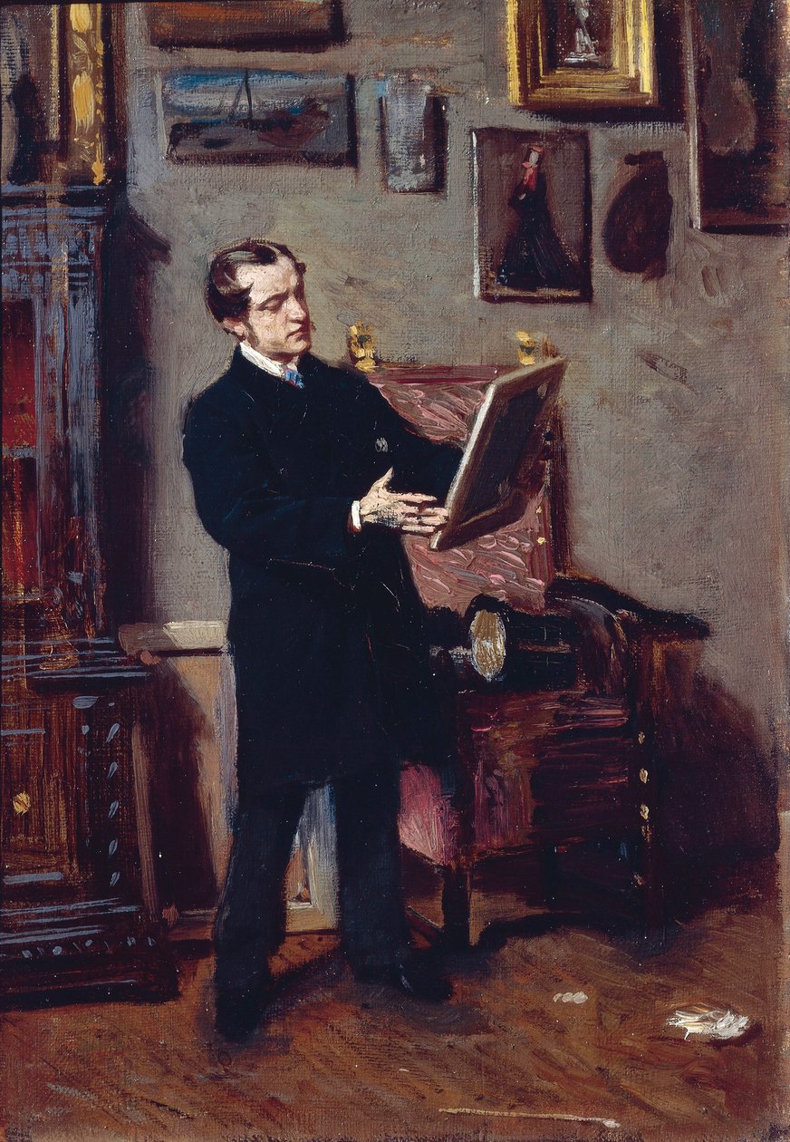 Włochy, Florencja, młody mężczyzna oglądający obraz autorstwa Giovanni Boldini