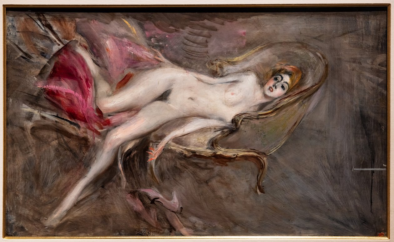 Naga kobieta na różowych poduszkach autorstwa Giovanni Boldini