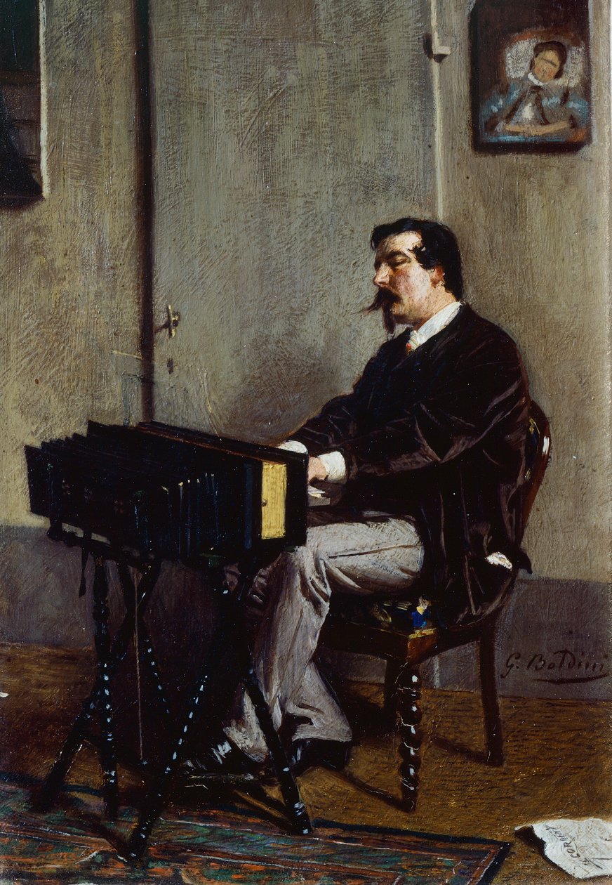 Malarz Cristiano Banti at fisharmonium – Giovanni Boldini (1842-1931), olej na płótnie, 28x19 cm autorstwa Giovanni Boldini