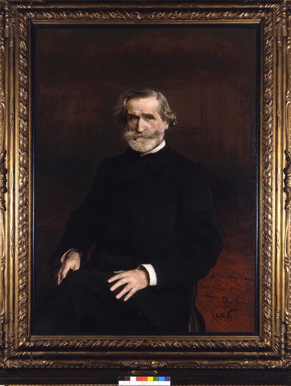 Portret Giuseppe Verdiego (1813 - 1901), włoskiego kompozytora autorstwa Giuseppe Boldiniego. Dom spokojnej starości dla muzyków G. Verdi autorstwa Giovanni Boldini