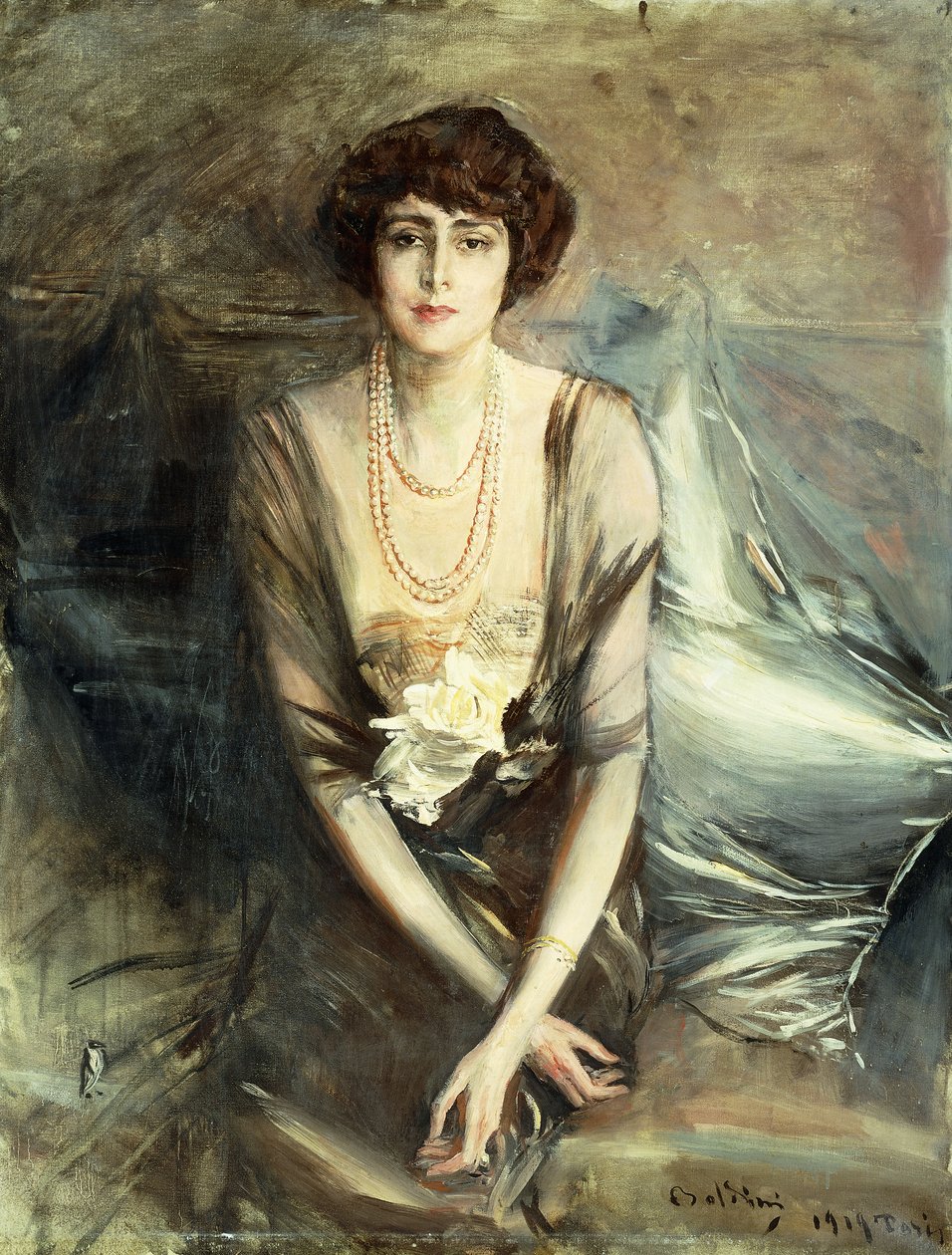 Portret pani George McFadden w pozycji siedzącej, długość 3/4, 1919 autorstwa Giovanni Boldini