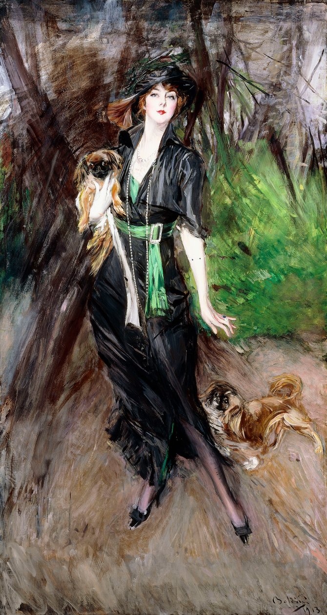 Portret damy, Lina Bilitis, z dwoma pekińczykami, 1913 autorstwa Giovanni Boldini