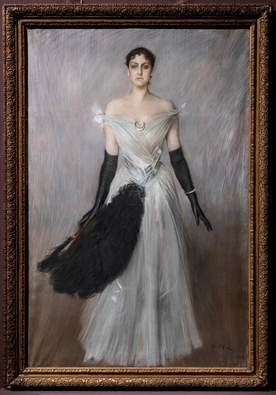 Portret damy w bieli z rękawiczkami i wachlarzem autorstwa Giovanni Boldini
