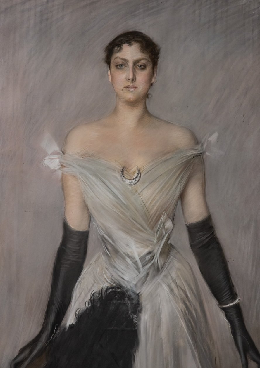 Portret damy w bieli z rękawiczkami i wachlarzem, szczegół autorstwa Giovanni Boldini