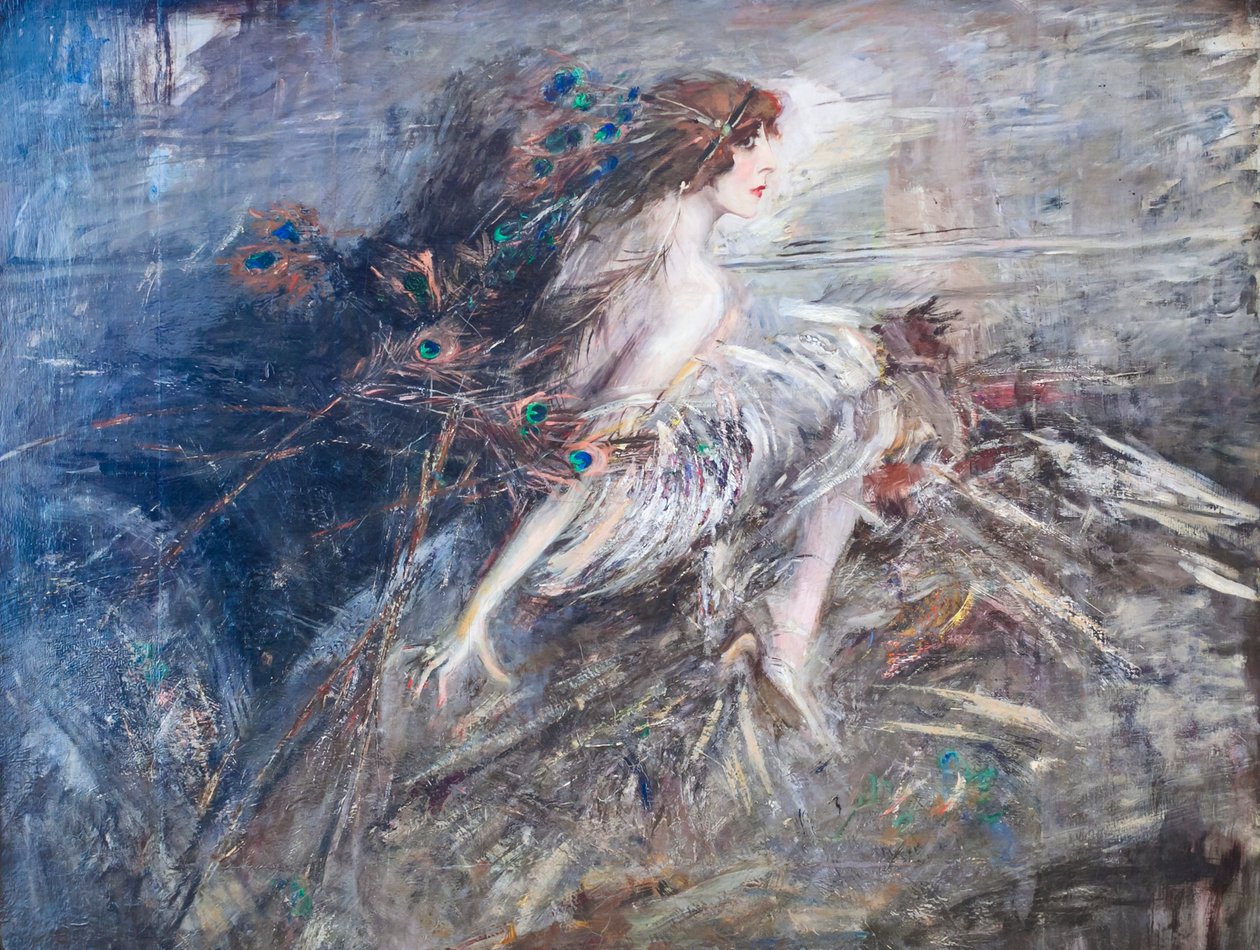Portret markizy Casati z pawimi piórami autorstwa Giovanni Boldini