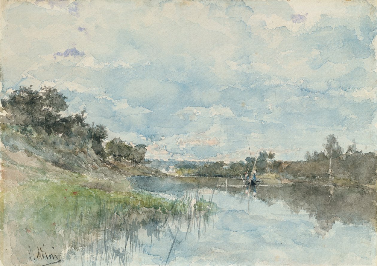 Krajobraz rzeki z łodzią rybacką (akwarela) autorstwa Giovanni Boldini
