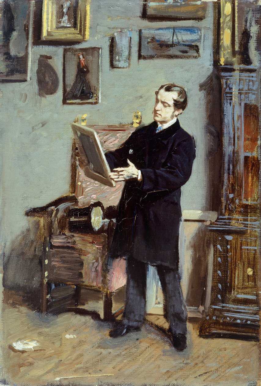 Autoportret Giovanniego Boldiniego patrzącego na obraz, ok. 1865, autorstwa Giovanniego Boldiniego (1842-1931), olej na płótnie, 32x22,5 cm. autorstwa Giovanni Boldini