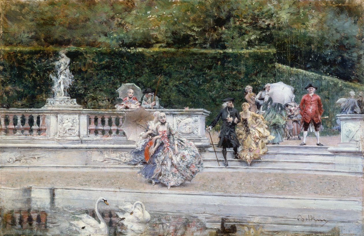 Widok ogrodu wersalskiego z ludźmi ubranymi w XVIII-wieczne stroje, autorstwa Giovanniego Boldiniego (1842-1931), olej na desce autorstwa Giovanni Boldini