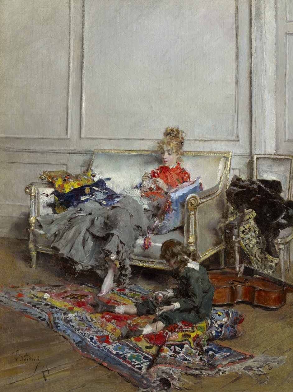 Młoda kobieta, szydełkowanie, 1875 autorstwa Giovanni Boldini
