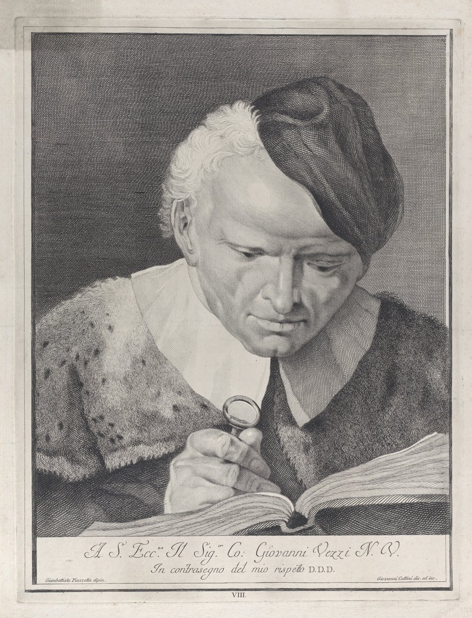 Mężczyzna w kapeluszu czytający książkę pod lupą, 1743. autorstwa Giovanni Cattini