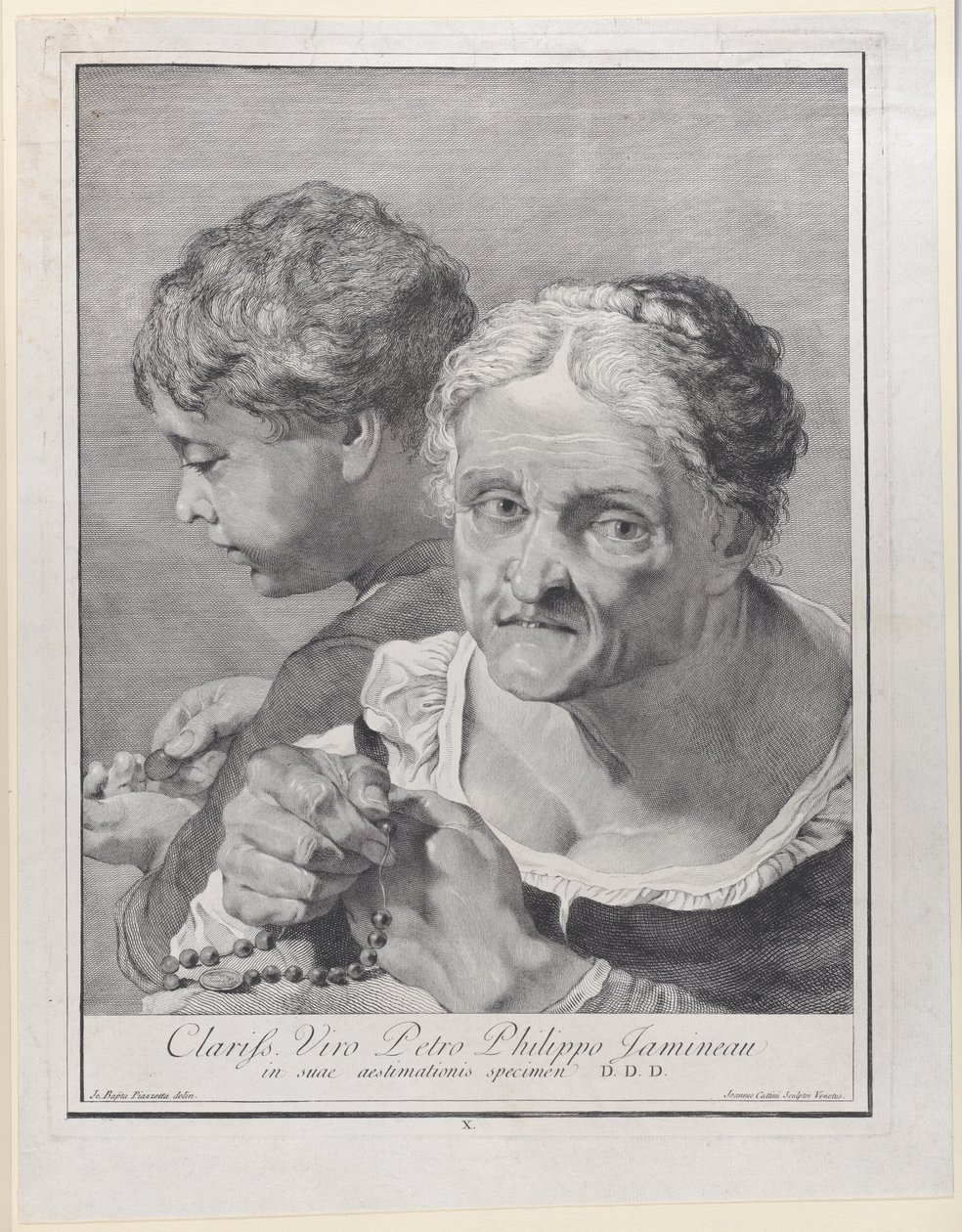 Stara kobieta z różańcem i chłopcem liczącym monety, 1743 r. autorstwa Giovanni Cattini