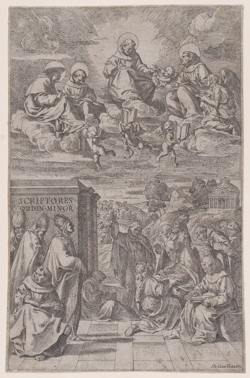 Duchowni w piśmie pejzażowym, inni w sferze niebieskiej powyżej, ok. 1650 r. autorstwa Giovanni Cesare Testa
