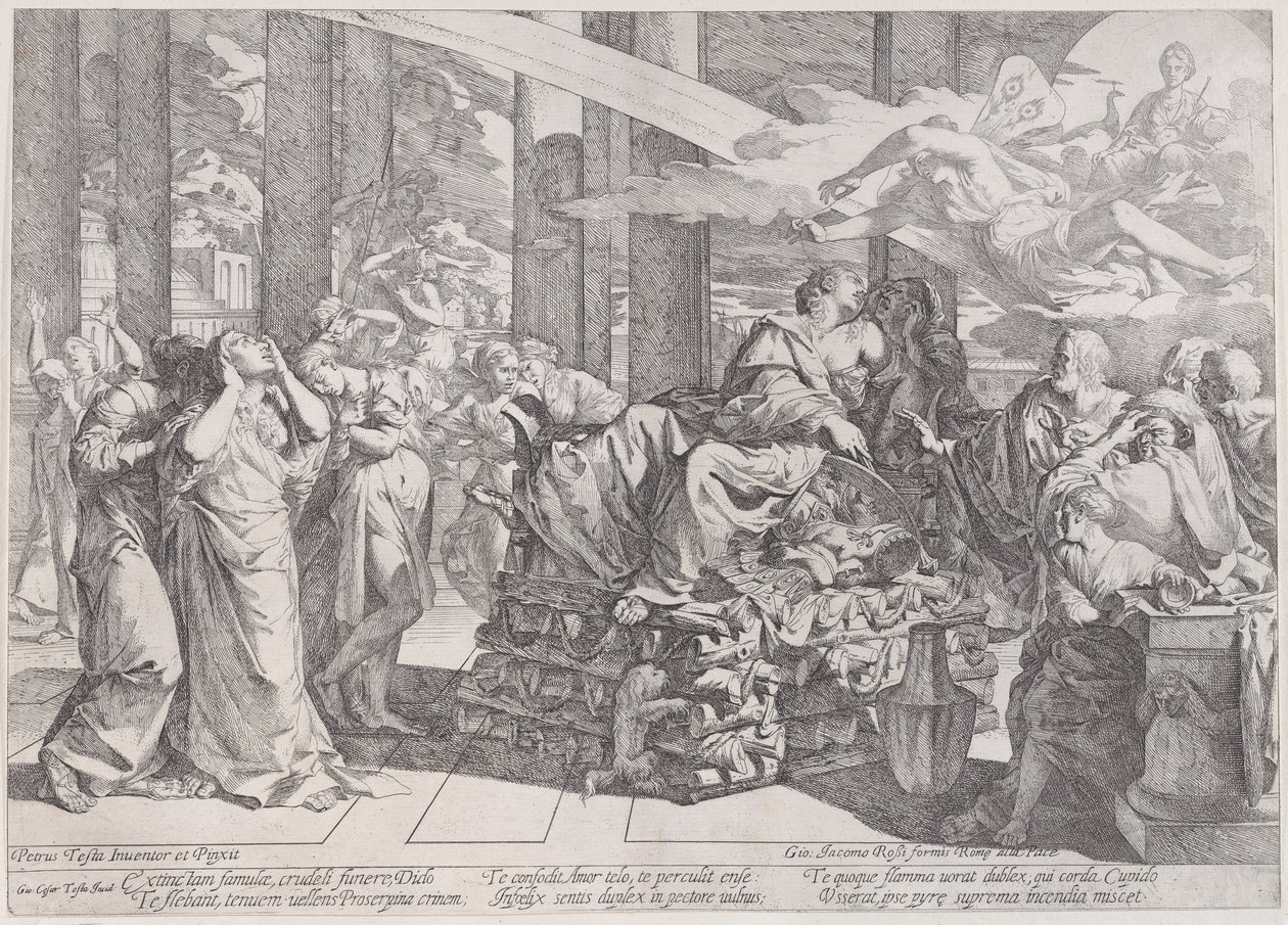 Samobójstwo Dydony, która spoczywa na centralnym stosie, otoczona wieloma postaciami, 1650-55. autorstwa Giovanni Cesare Testa