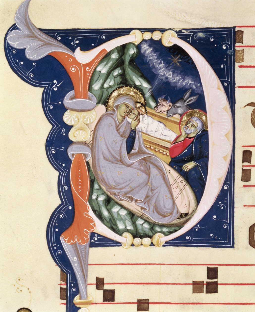Ms 561 f.31v Historiograficzny inicjał "D" przedstawiający Narodzenie, z graduału z klasztoru San Jacopo di Ripoli, początek XIV w. autorstwa Giovanni Cimabue