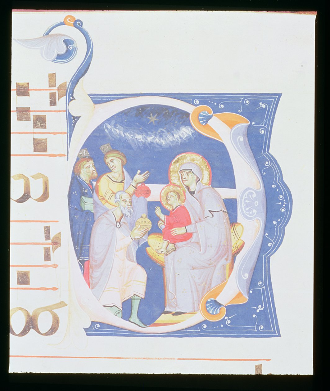Ms 561 f.37r Historyczny inicjał „O” przedstawiający Pokłon Trzech Króli, z graduału z klasztoru San Jacopo di Ripoli, początek XIV wieku autorstwa Giovanni Cimabue