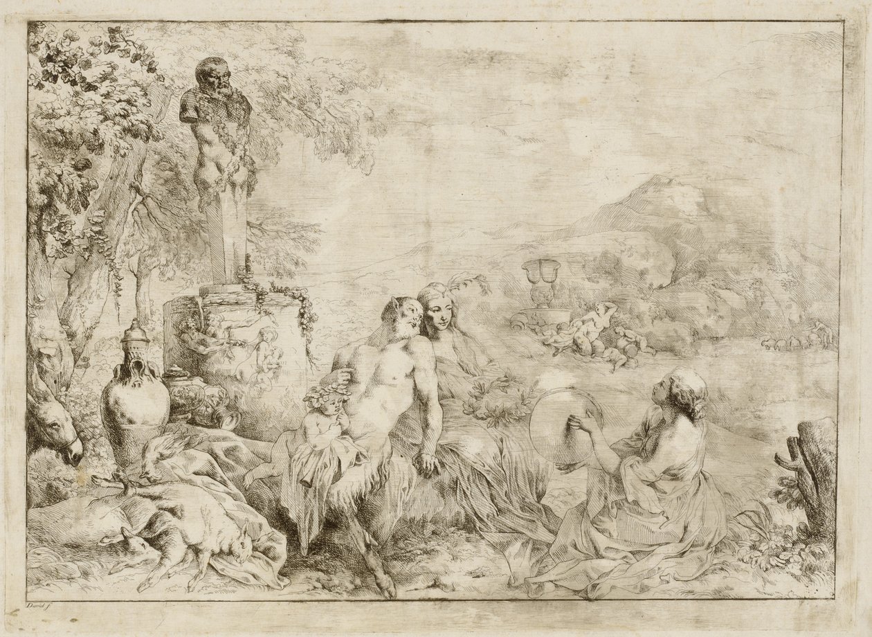 Krajobraz z rodziną satyrów i rzeźbą klasyczną autorstwa Giovanni David after Giovanni Benedetto Castiglione