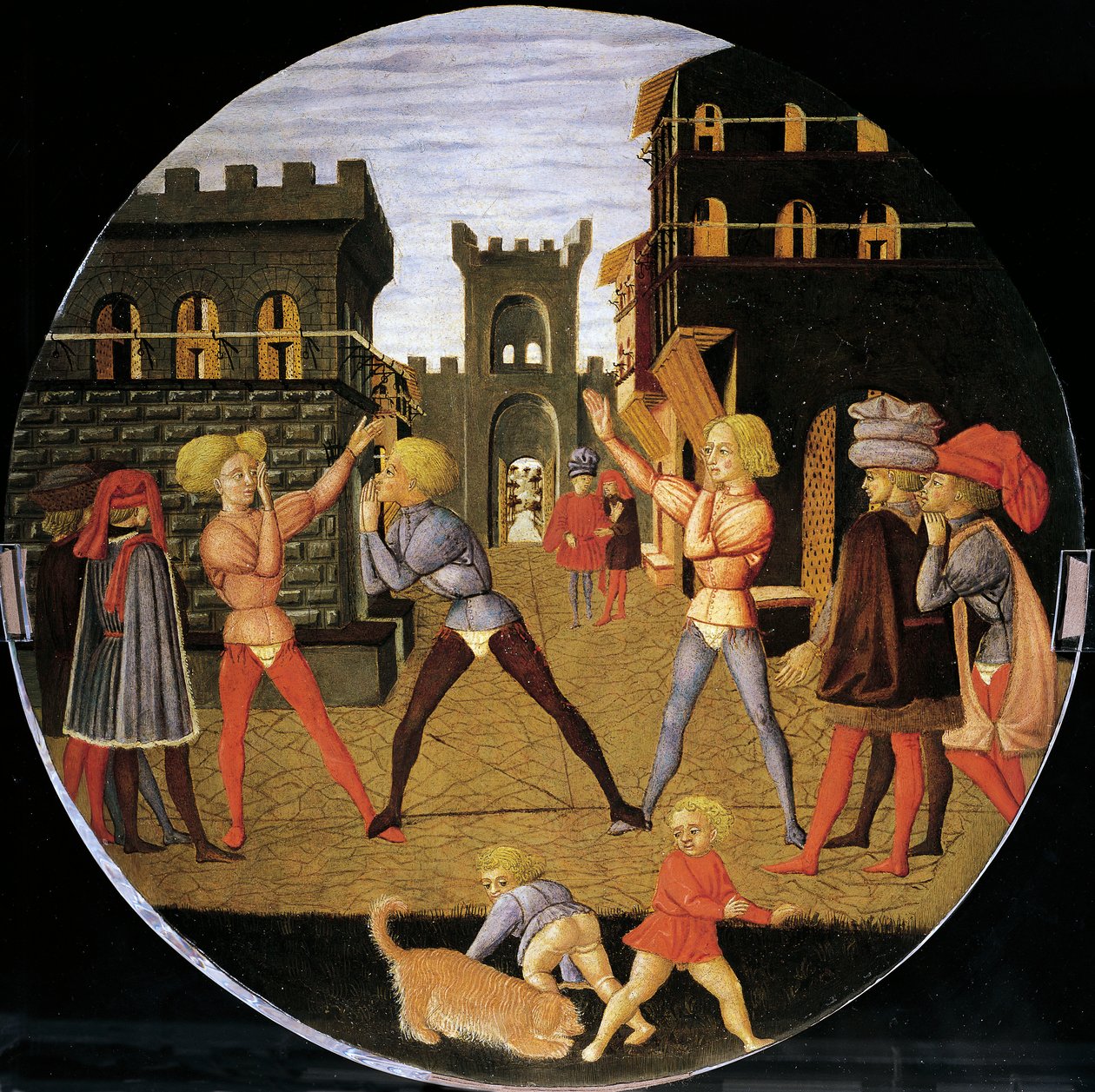 gra o nazwie civettino, detal z przodu tacy porodowej (okrągły obraz), ok. 1450, autorstwa Giovanniego di Ser Giovanniego, znanego jako Lo Scheggia (1406-1486), tempera na drewnie autorstwa Giovanni Di Ser Giovanni Lo Scheggia Guidi