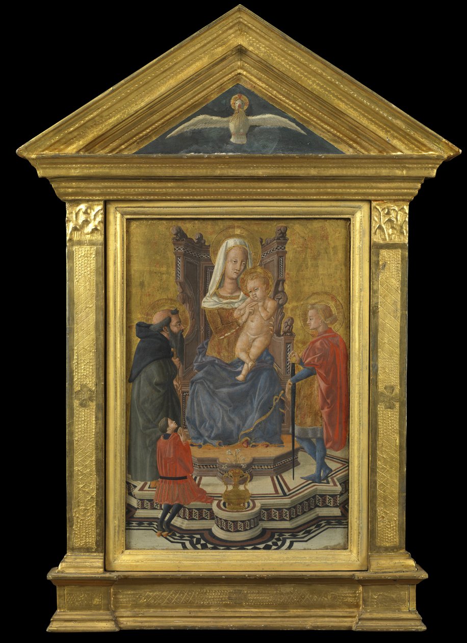 Dziewica z Dzieciątkiem na tronie, ze świętymi Antonim Opatem i Julianem oraz Dawcą (na górze fronton - Duch Święty), c.1430 (tempera na panelu) autorstwa Giovanni Di Ser Giovanni Lo Sheggia (attr. to) Guidi