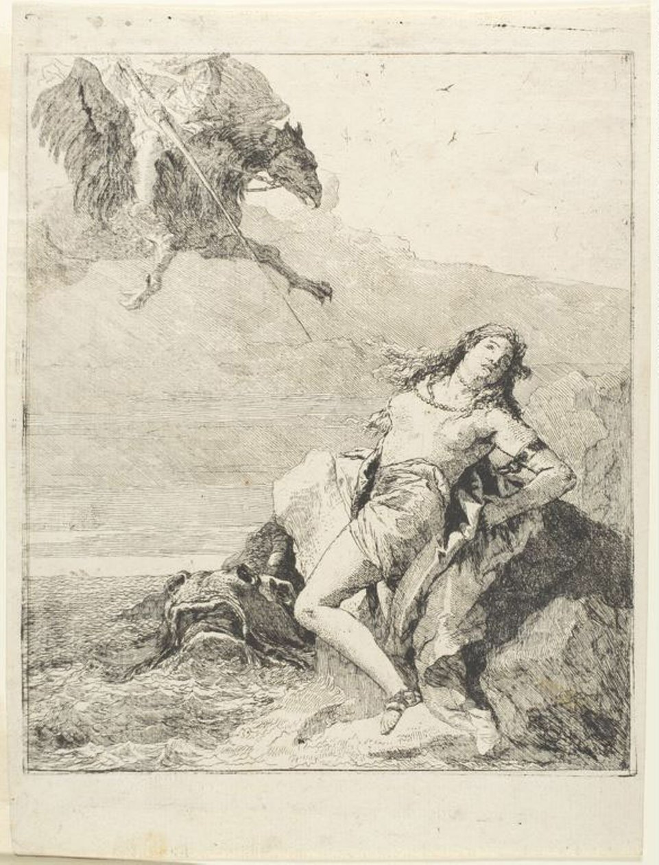 Angelica związana i zaraz zostanie pożarta przez potwora morskiego autorstwa Giovanni Domenico Tiepolo