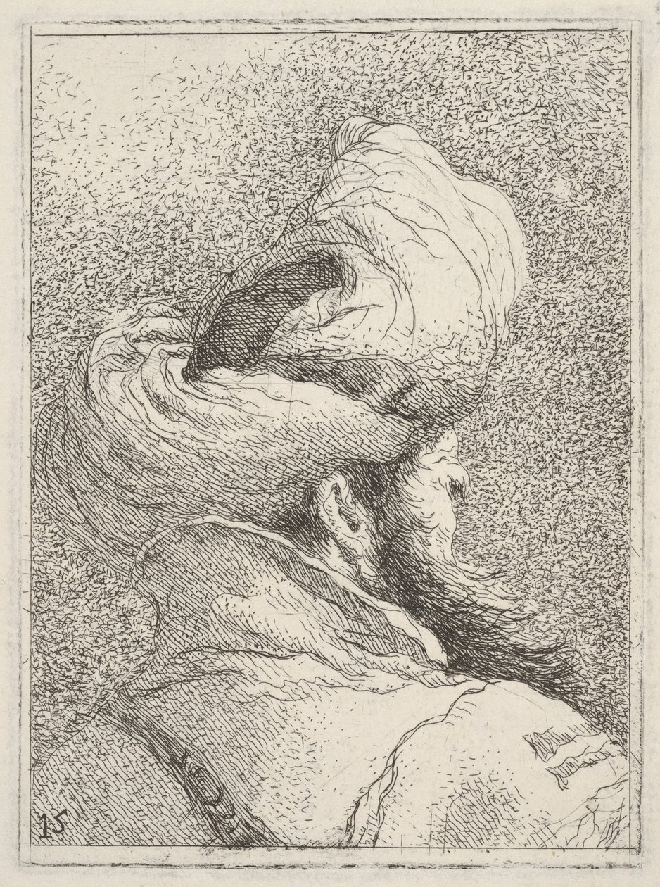 Brodaty mężczyzna w turbanie, ukazany w popiersiu od tyłu w ujęciu trzy czwarte, ze „Zbioru głów” (Raccolta di teste) autorstwa Giovanni Domenico Tiepolo