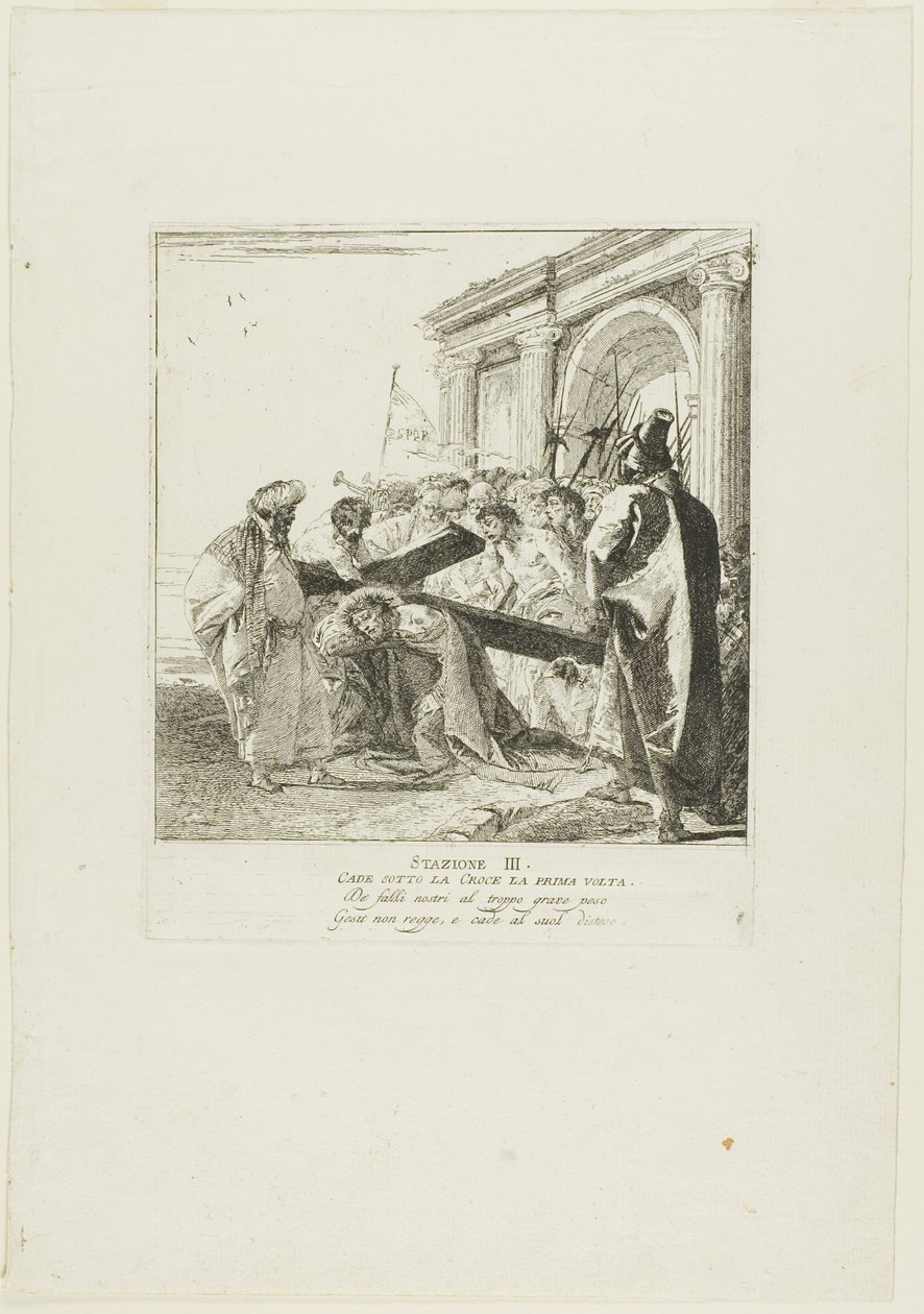 Chrystus po raz pierwszy upada pod krzyżem, płyta trzecia z Drogi Krzyżowej autorstwa Giovanni Domenico Tiepolo