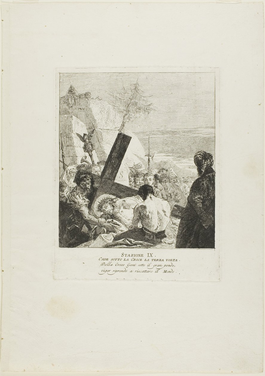 Chrystus upada pod krzyżem po raz trzeci, płyta dziewiąta z Drogi Krzyżowej autorstwa Giovanni Domenico Tiepolo
