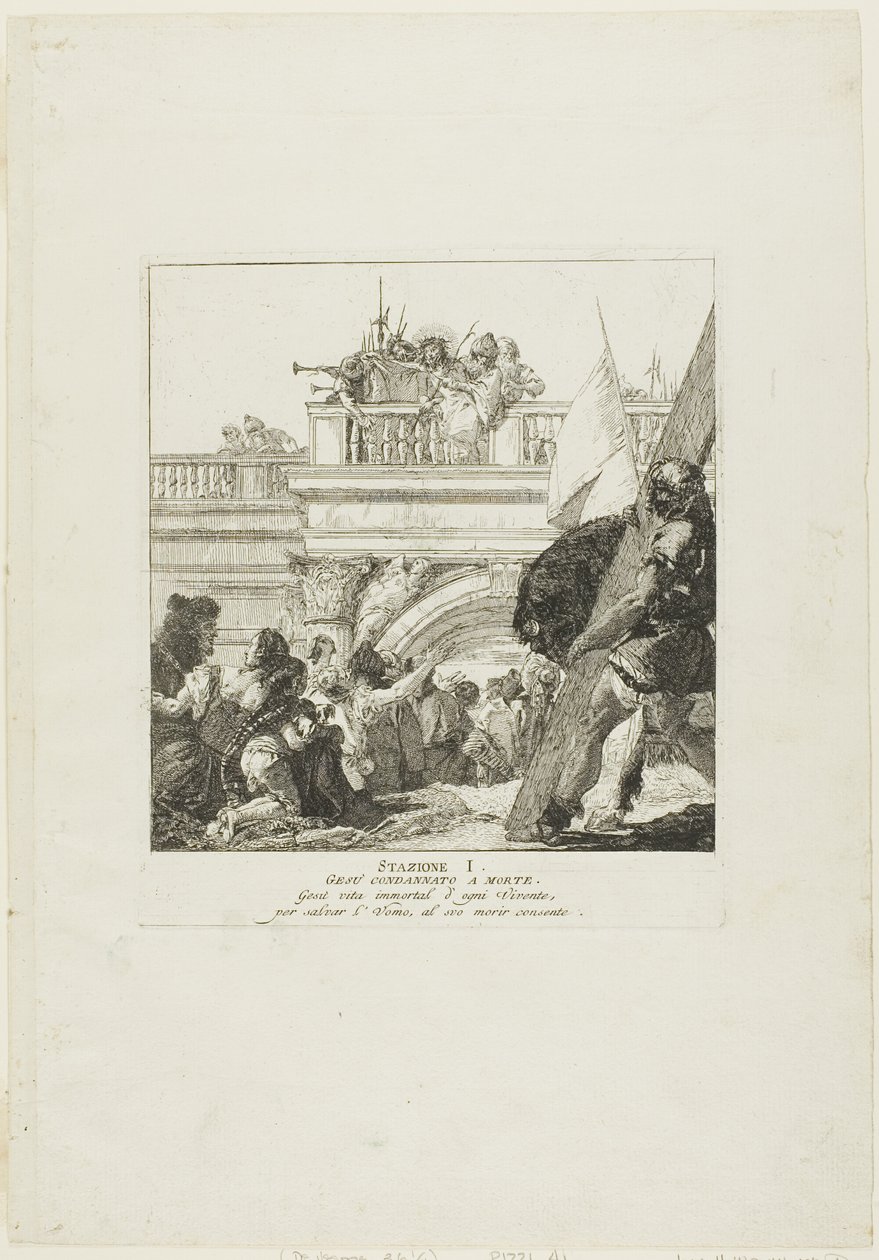Chrystus skazany na śmierć, płyta pierwsza z Drogi Krzyżowej autorstwa Giovanni Domenico Tiepolo