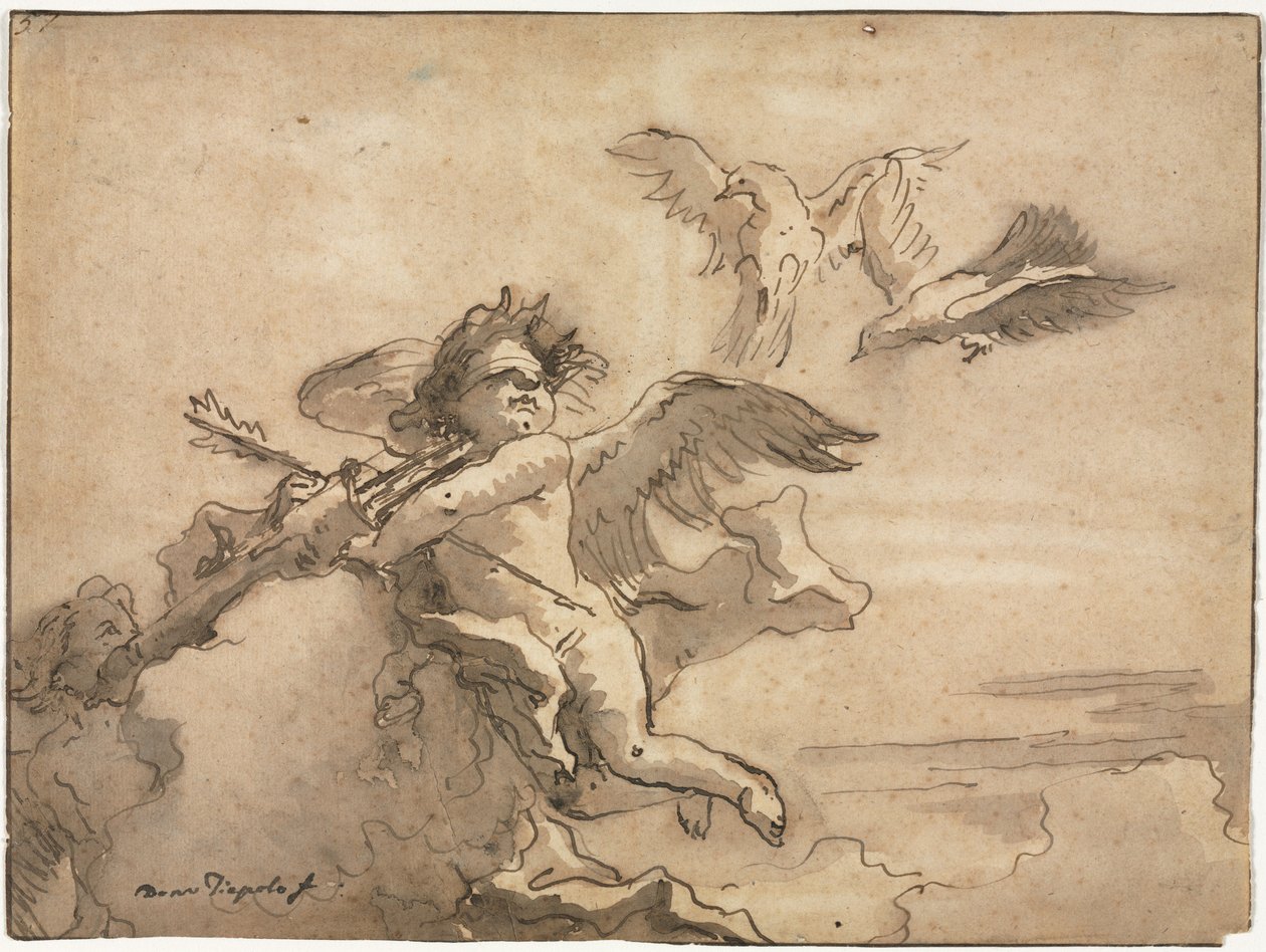 Kupidyn z zawiązanymi oczami i dwa gołębie, 1757 lub później. autorstwa Giovanni Domenico Tiepolo