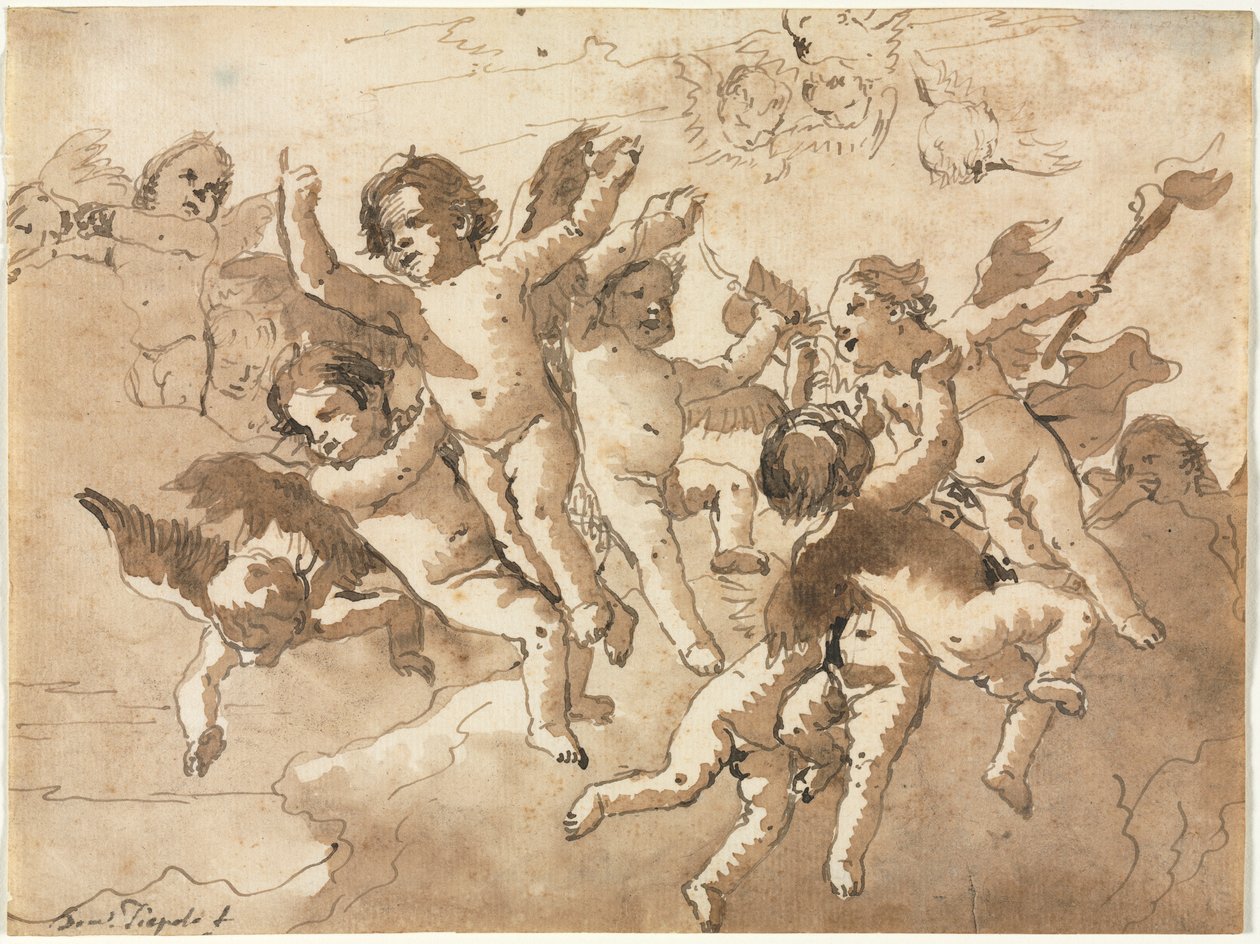 Amorek w chmurach z cherubinami towarzyszącymi autorstwa Giovanni Domenico Tiepolo