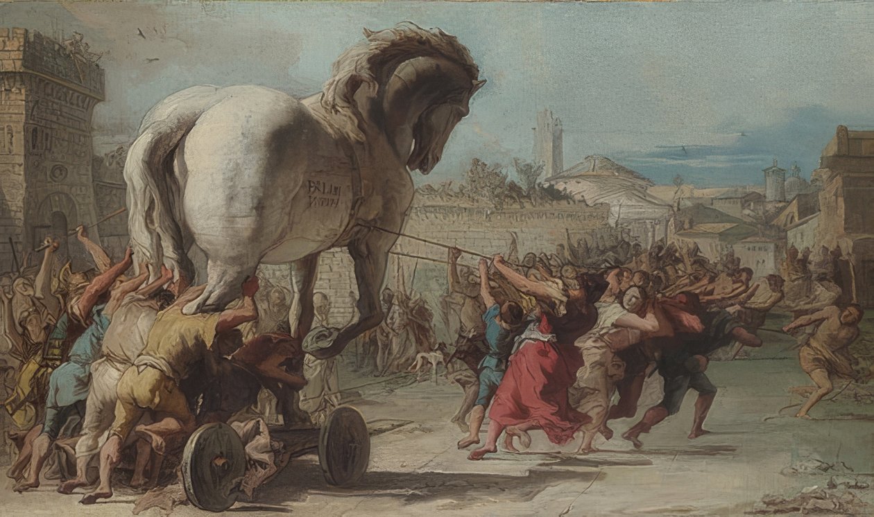 Procesja konia trojańskiego do Troi. Około 1760 autorstwa Giovanni Domenico Tiepolo
