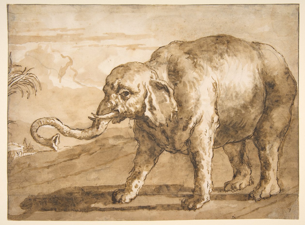 Słoń w krajobrazie autorstwa Giovanni Domenico Tiepolo