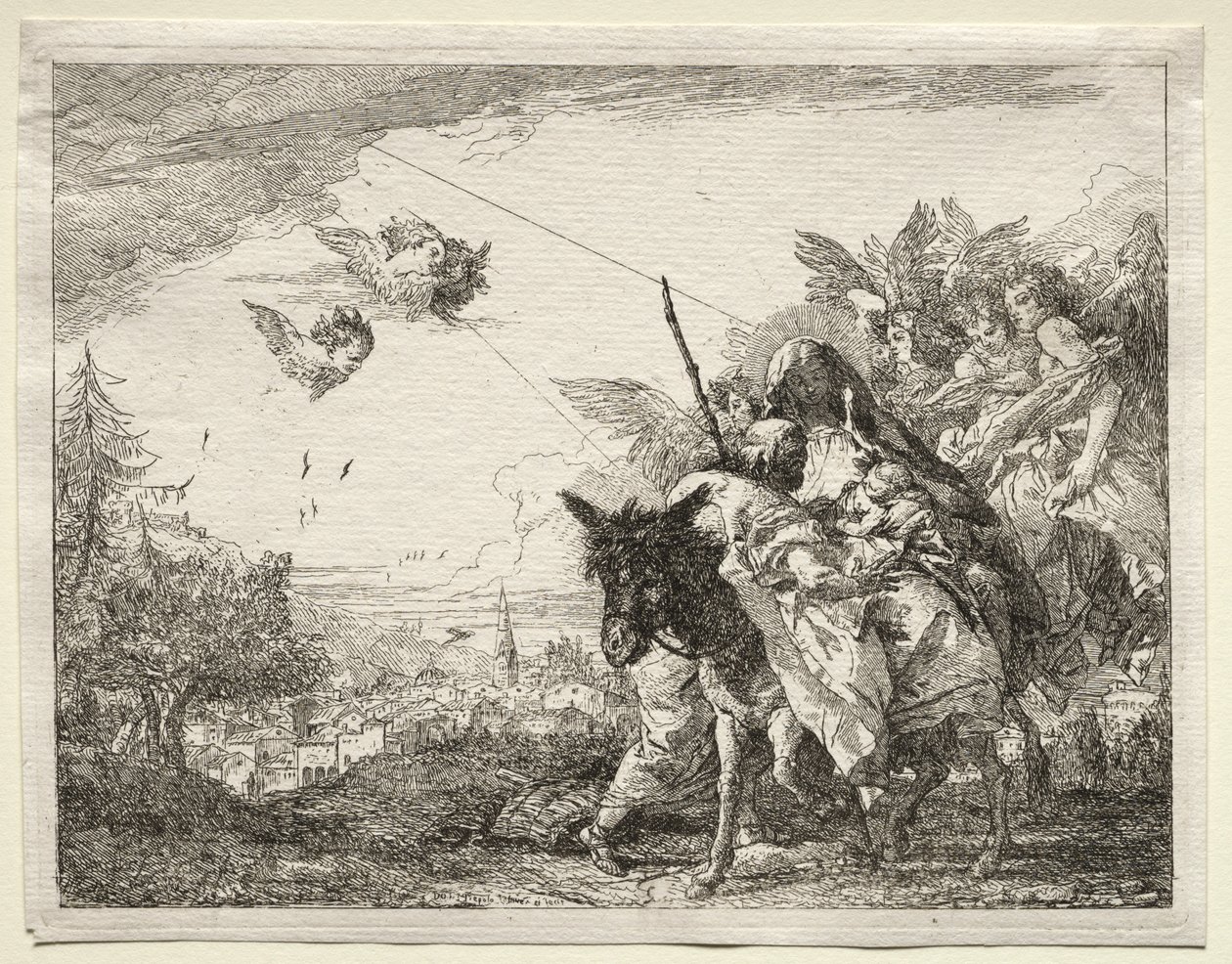 Ucieczka do Egiptu: Józef zatrzymuje się, by spojrzeć na Dzieciątko Chrystus autorstwa Giovanni Domenico Tiepolo