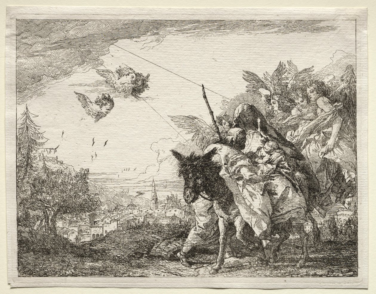 Ucieczka do Egiptu: Józef zatrzymuje się, by spojrzeć na Dzieciątko Chrystus. autorstwa Giovanni Domenico Tiepolo