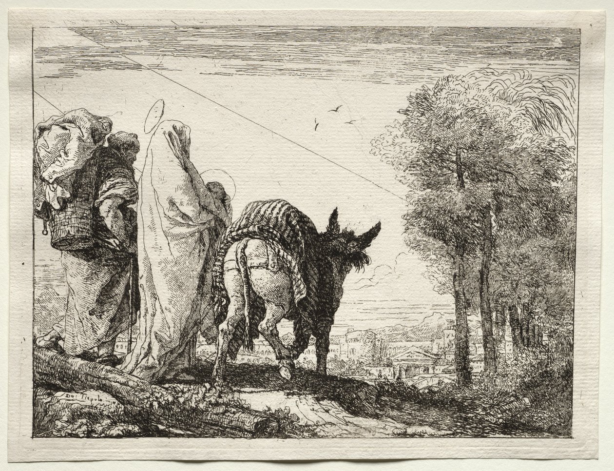 Ucieczka do Egiptu: Święta Rodzina zbliża się do wioski autorstwa Giovanni Domenico Tiepolo